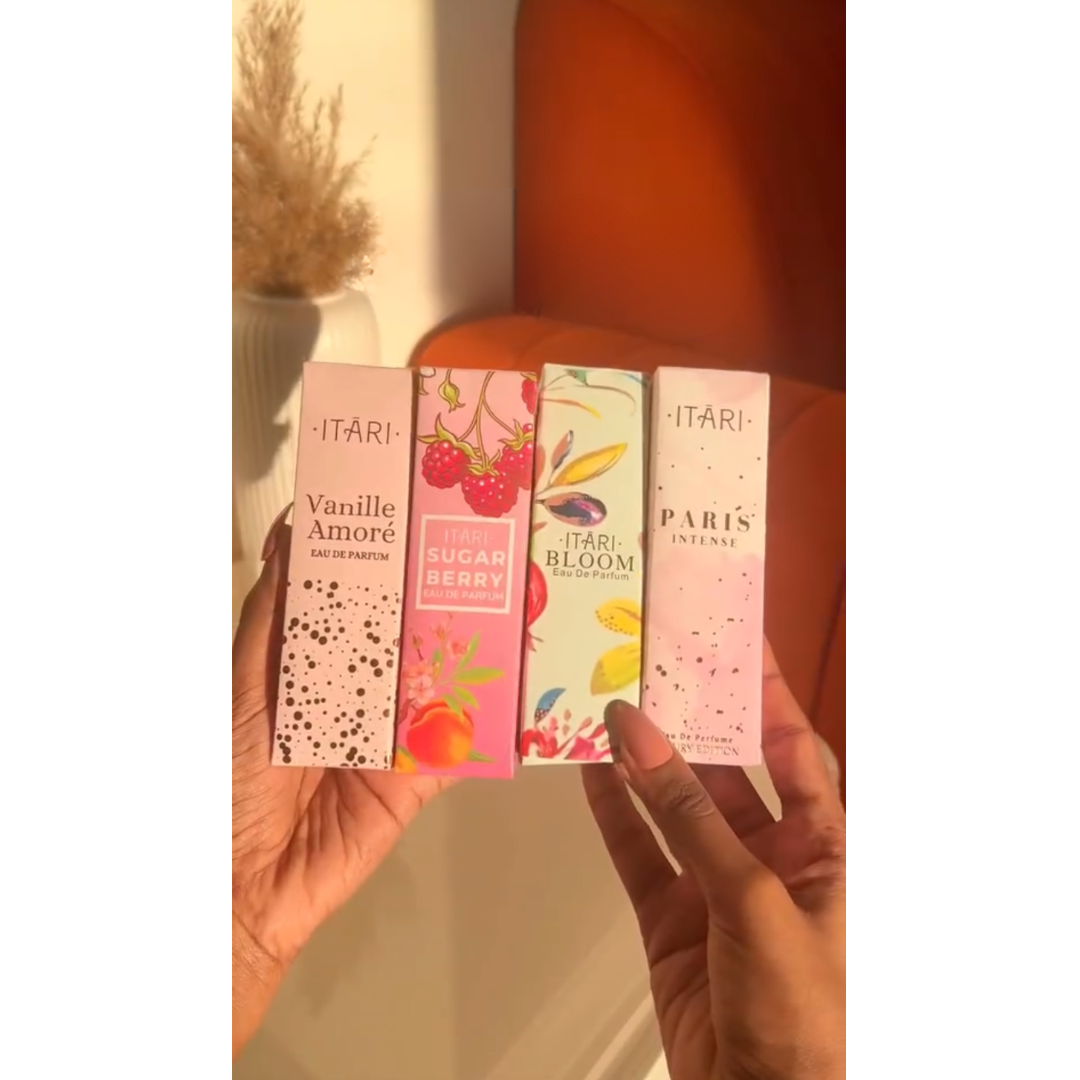 Itari Perfume Gift Set for Women | Eau De Parfum | Long Lasting EDP Fragrance Combo Set Gift Pack Sugar Berry(Fruity), Bloom (Floral), Sweet(Paris), Vanille Amore (Vanilla) (4x16ml)