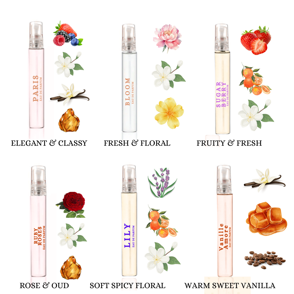 Itari Luxury Women Trial Pack Of 6 X 10Ml Pocket Perfumes Fragrance Mix Of Edp, Edt & Edc Long Lasting Perfume Sweet, Floral, Vanilla, Rose & Musky