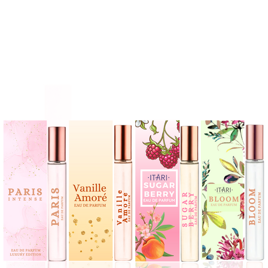 Itari Perfume Gift Set for Women | Eau De Parfum | Long Lasting EDP Fragrance Combo Set Gift Pack Sugar Berry(Fruity), Bloom (Floral), Sweet(Paris), Vanille Amore (Vanilla) (4x16ml)